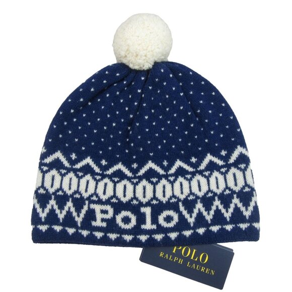 Polo Ralph Lauren Pom Pom Beanie Cap One Size Navy White NEW - Picture 1 of 12
